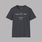 Dark heather t-shirt with a black graphic design on a white background