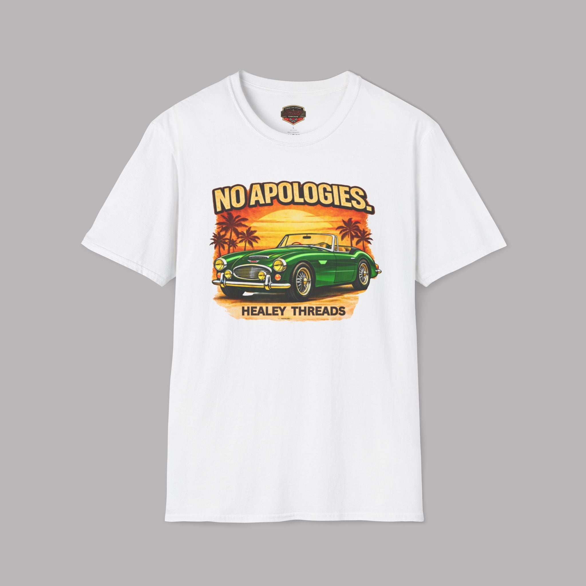 White t-shirt with a graphic of a green Healey car and 'No Apologies' text on a gray background