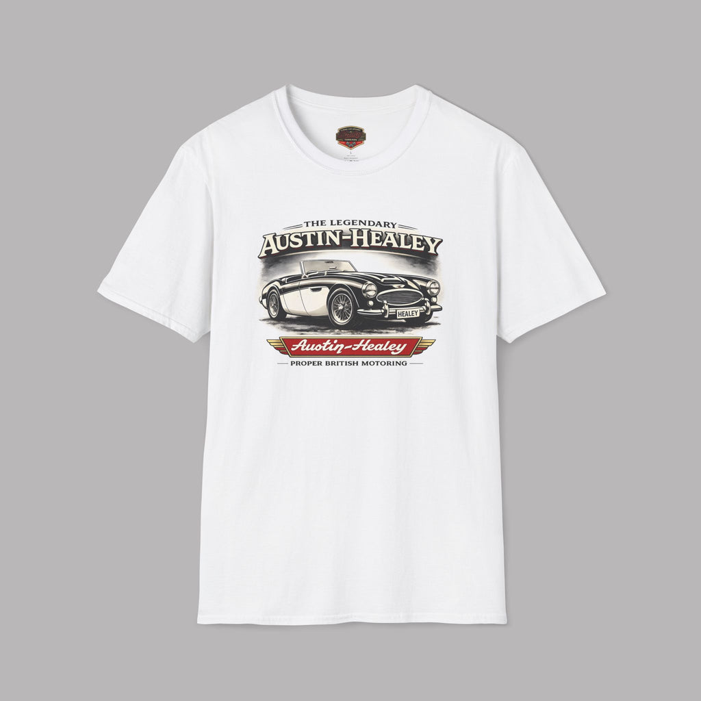 White t-shirt with Austin-Healey graphic on a gray background