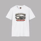 White t-shirt with Austin-Healey graphic on a gray background