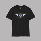 Austin Healey winged badge logo with navy and gold circular emblem, heraldic shield, and cream wings on a black t-shirt flat on gray background