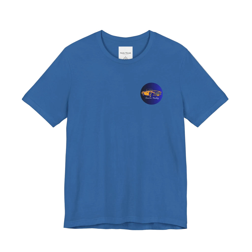 Blue t-shirt with a small logo on a white background