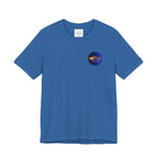 Blue t-shirt with a small logo on a white background