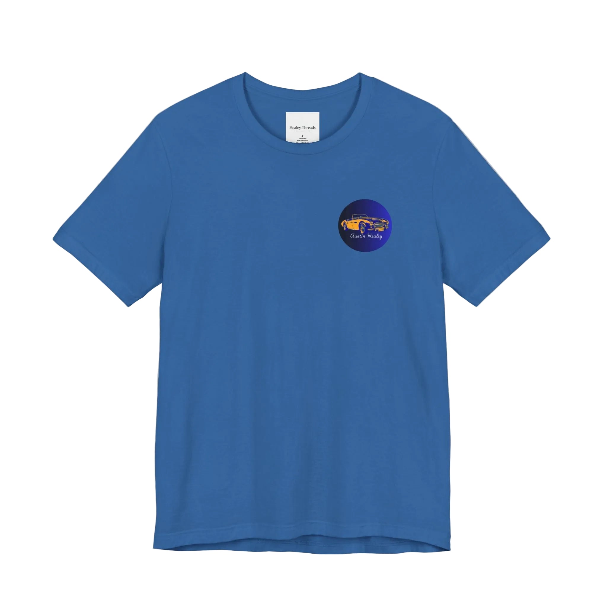 Blue t-shirt with a small logo on a white background