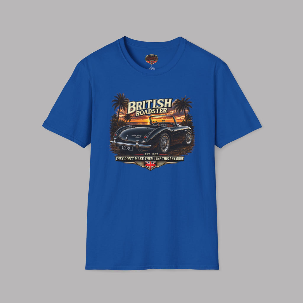Royal blue t-shirt with a graphic of a vintage car and 'British Roadster' text on a gray background
