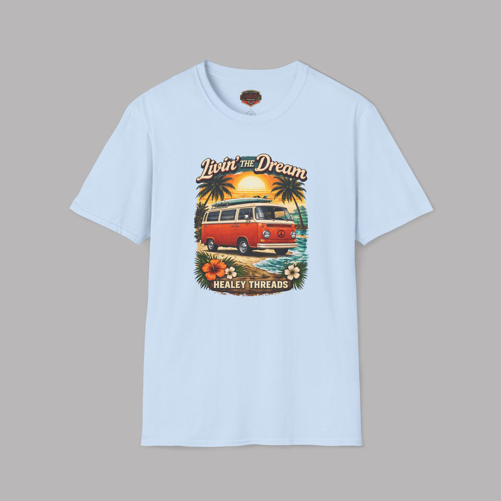 Light blue t-shirt with a graphic of a van and palm trees on a gray background