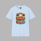 Light blue t-shirt with a graphic of a van and palm trees on a gray background