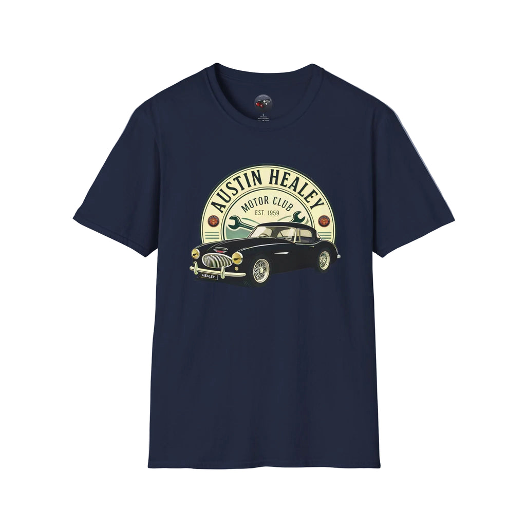 Navy blue t-shirt with Austin Healey graphic on a white background