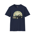 Navy blue t-shirt with Austin Healey graphic on a white background