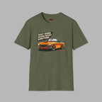 Military green t-shirt with orange car graphic and text on a gray background
