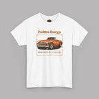 White t-shirt with a graphic of a classic car and text on a gray background