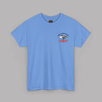 Carolina blue t-shirt with a Healey logo on left chest and on a gray background