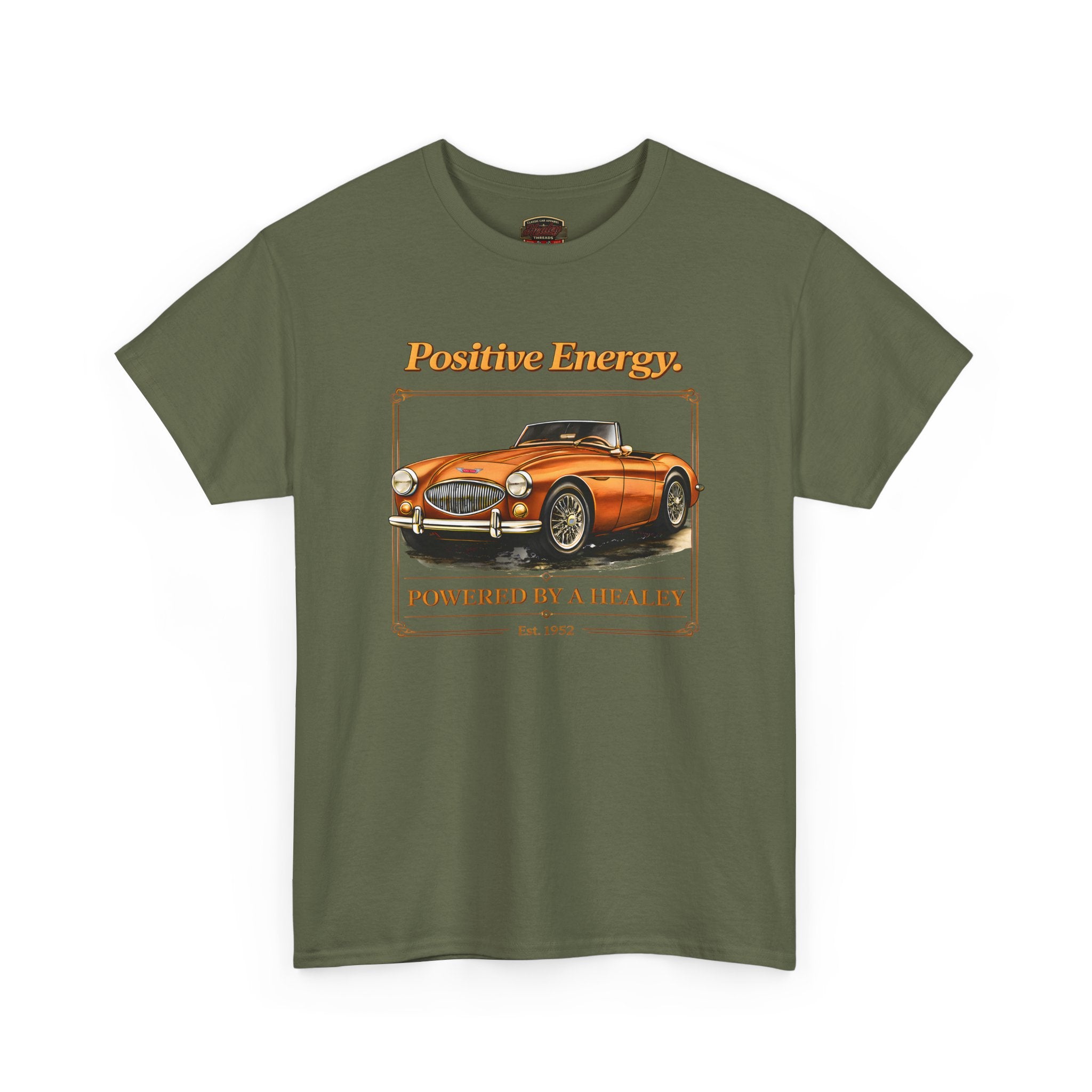 Military green t-shirt with a vintage car graphic and 'Positive Energy' text on a white background