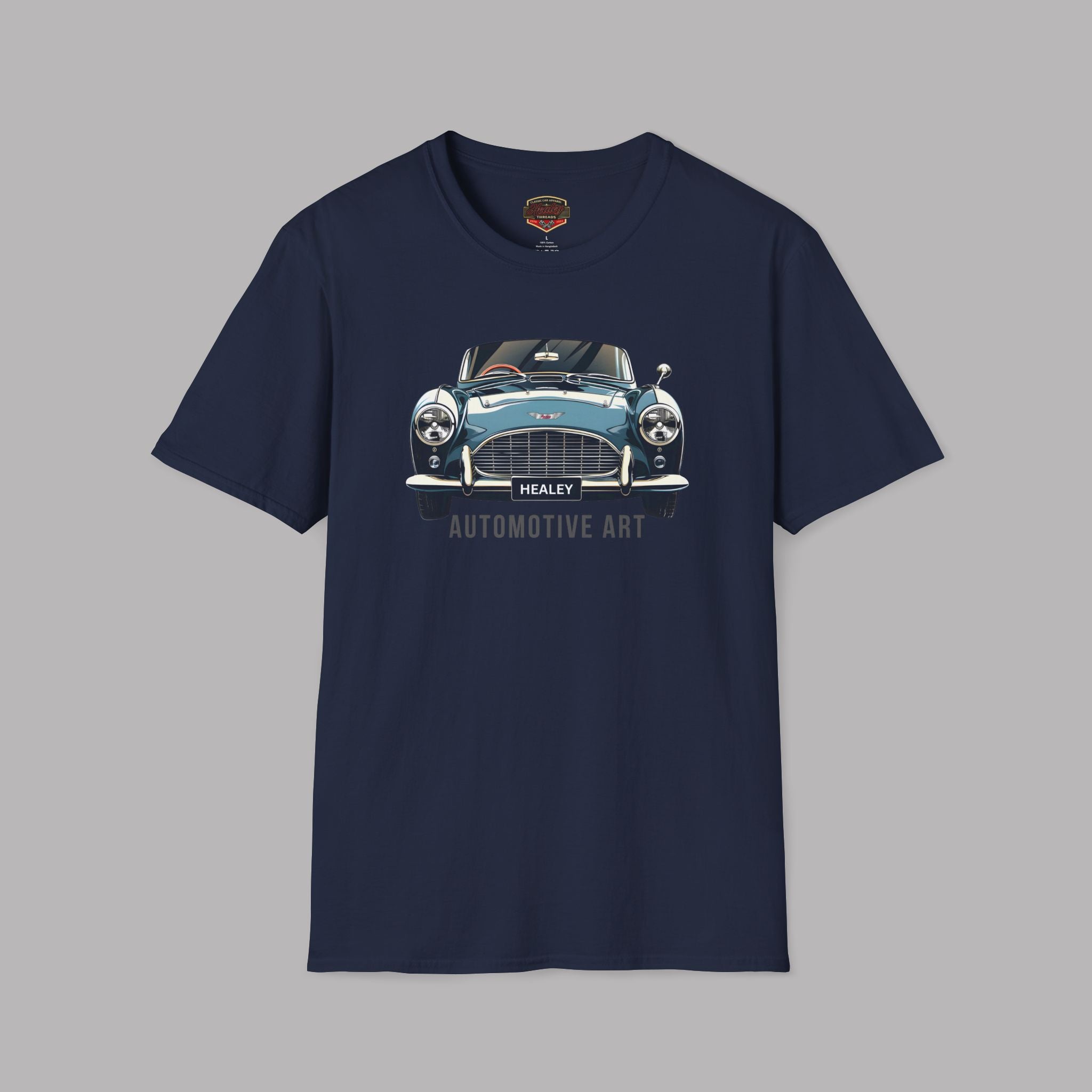 Navy blue t-shirt with gray text and a Healey car graphic on a gray background