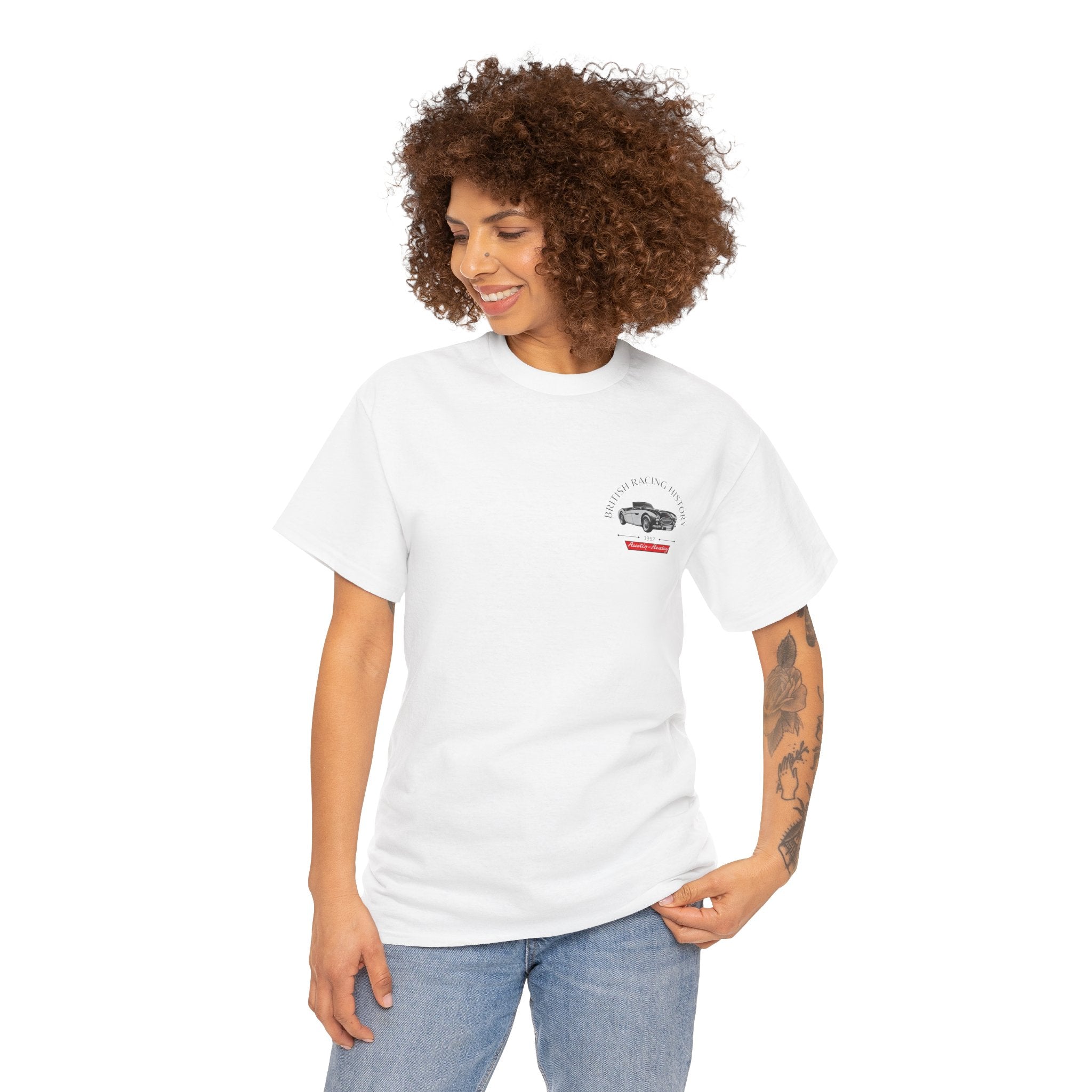 Woman wearing a white t-shirt with a Healey logo on a white background