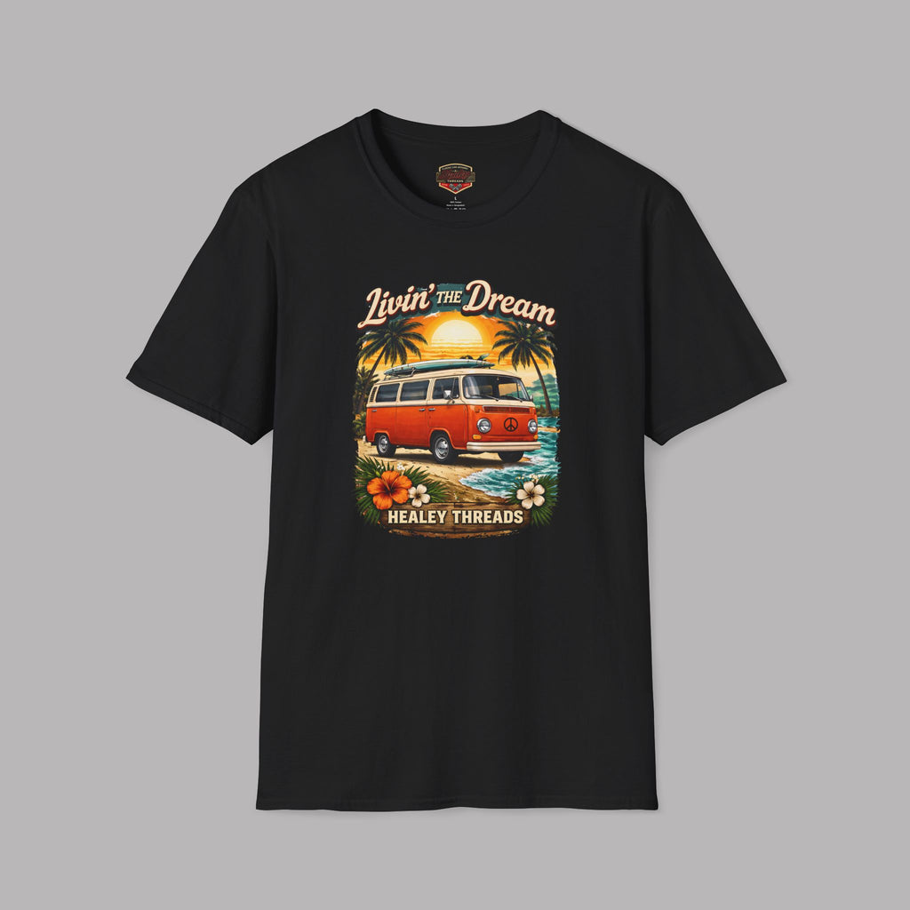 Black t-shirt with a graphic design of a van and sunset on a gray background