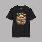 Black t-shirt with a graphic design of a van and sunset on a gray background