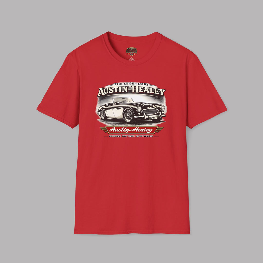 Red t-shirt with Austin-Healey graphic on a gray background