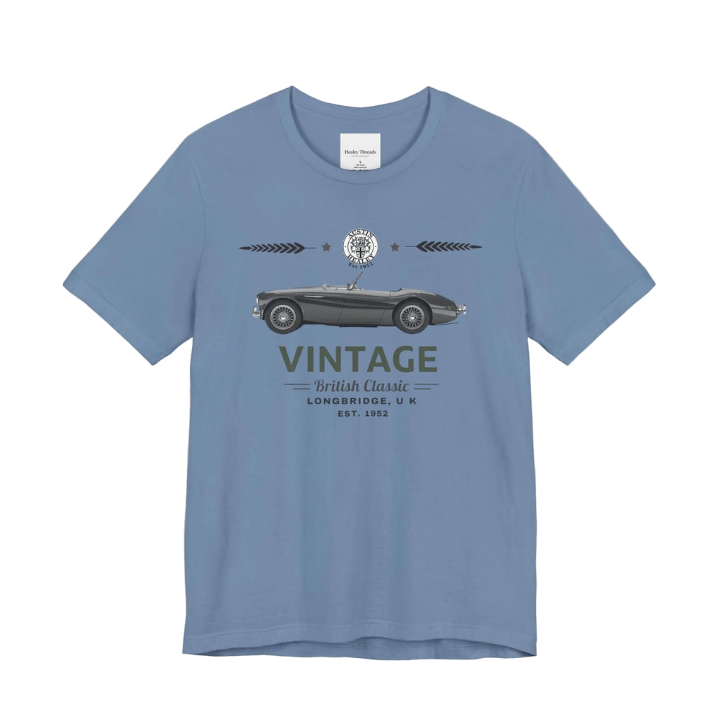 Light blue t-shirt with vintage car graphic and text on a white background.