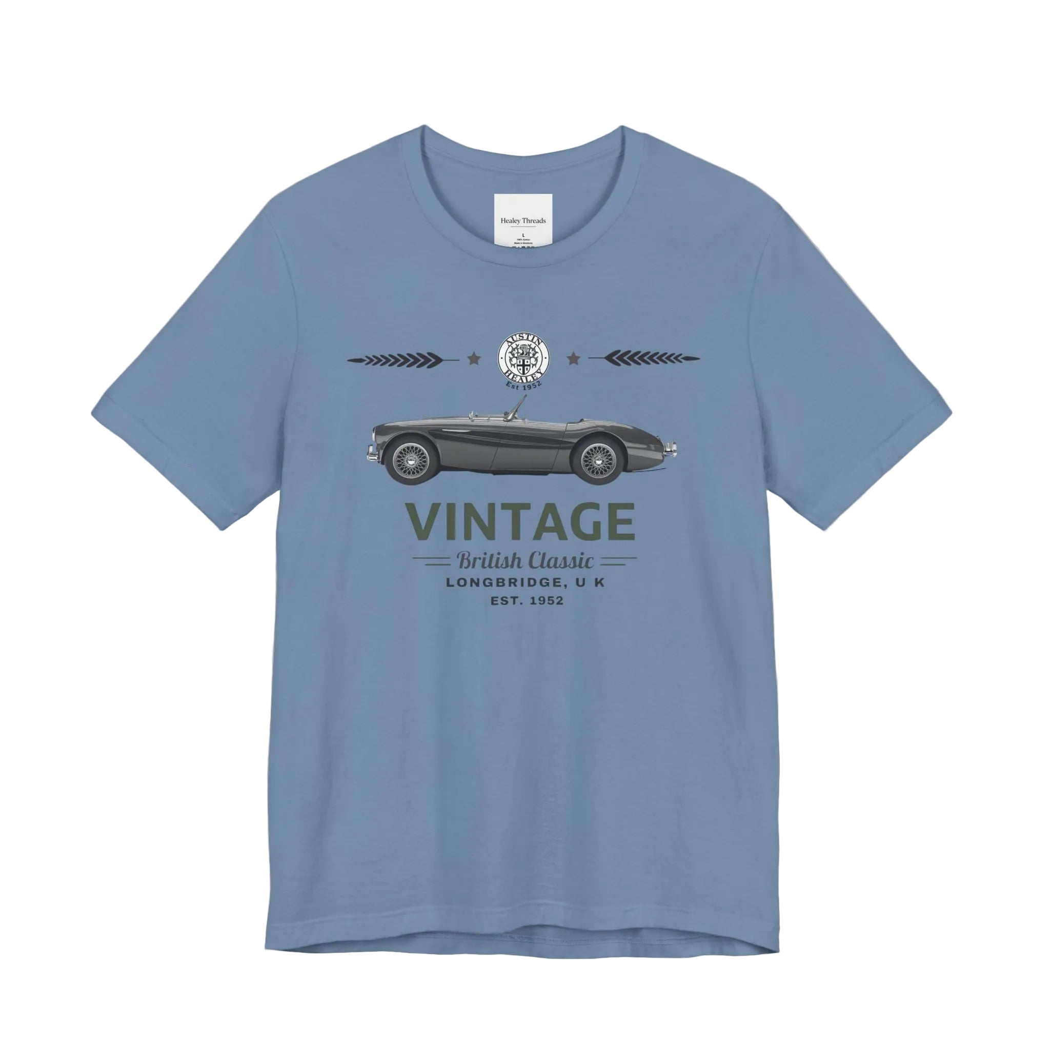 Light blue t-shirt with vintage car graphic and text on a white background.