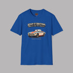 Royal blue t-shirt with a graphic of a classic MGB car and text on a gray background