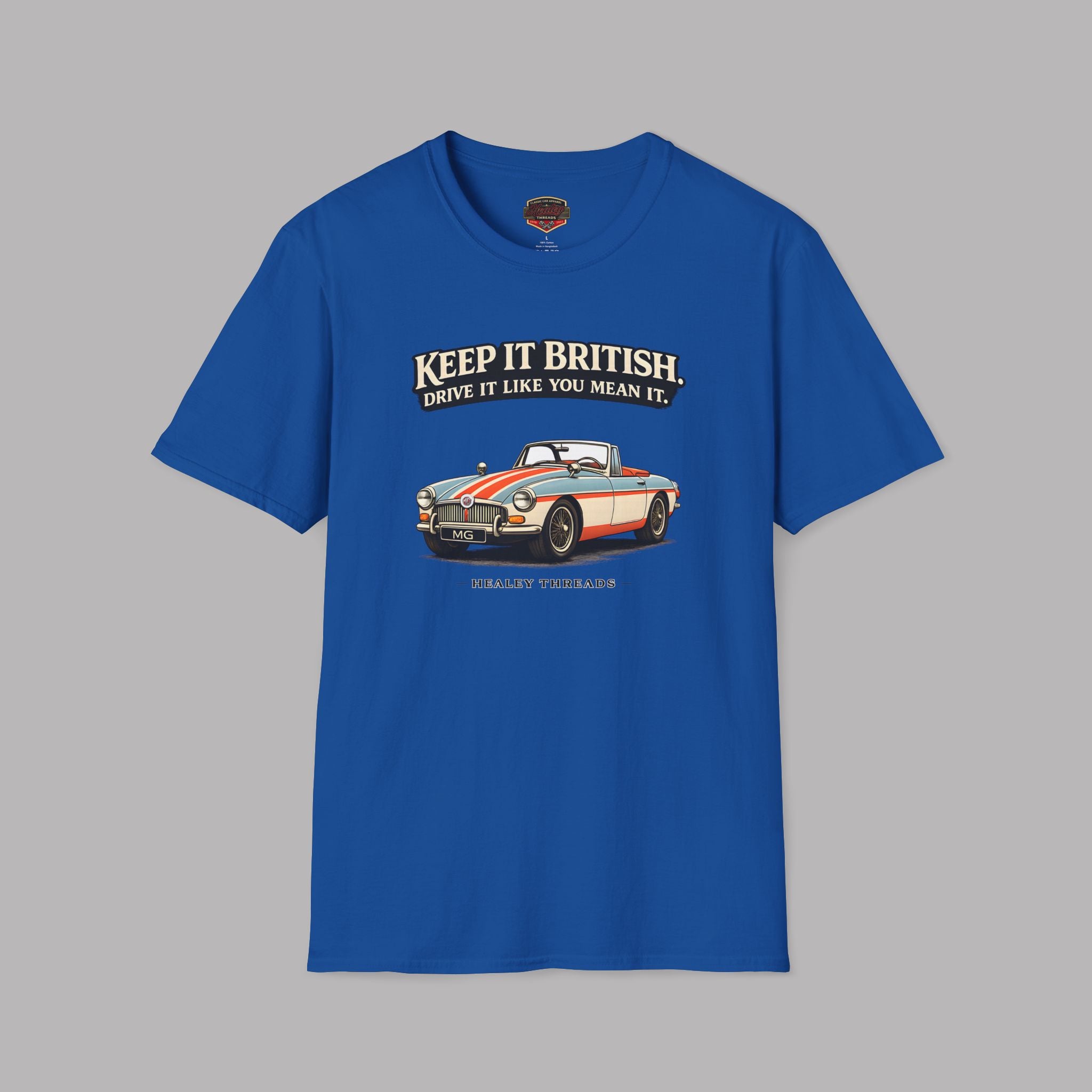 Royal blue t-shirt with a graphic of a classic MGB car and text on a gray background