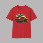 Red t-shirt with 'American Muscle' graphic design on a gray background