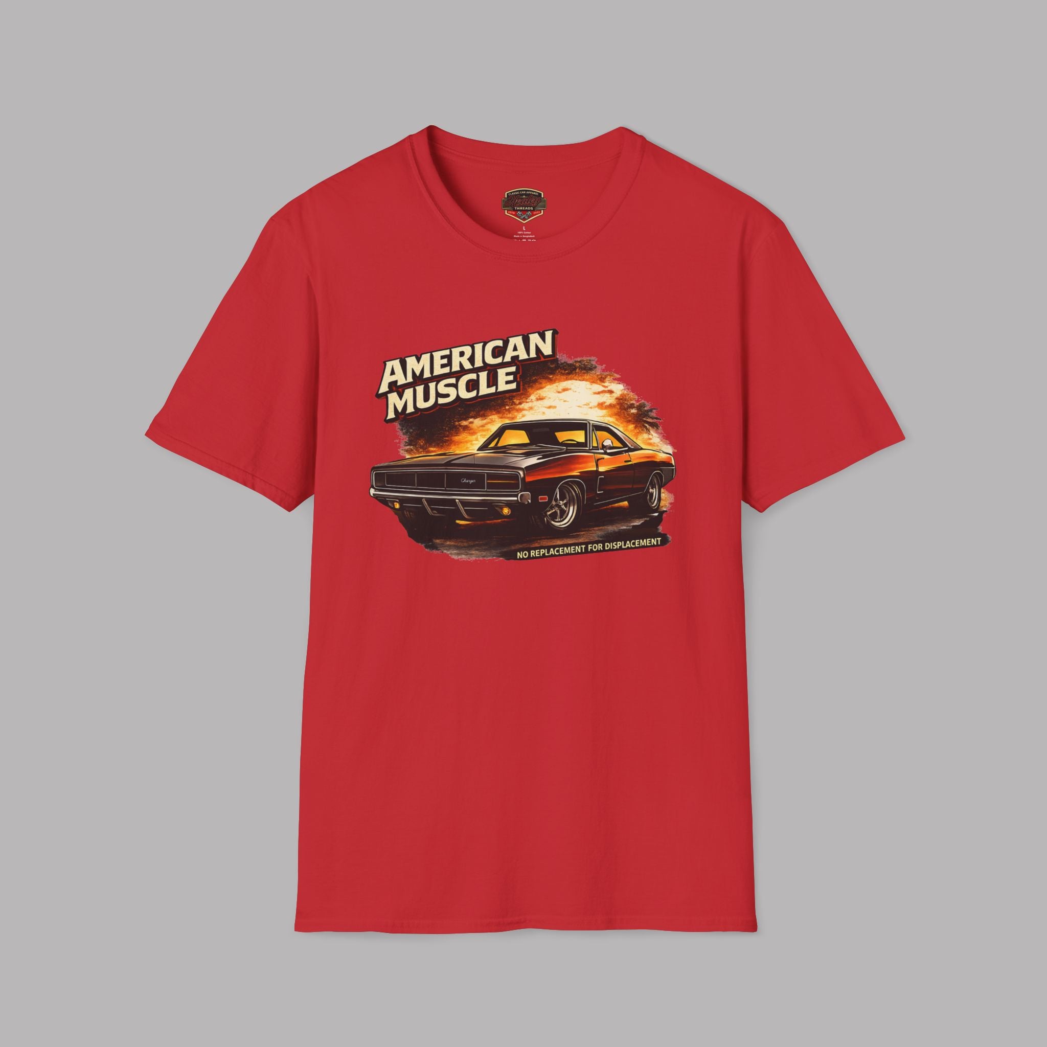 Red t-shirt with 'American Muscle' graphic design on a gray background
