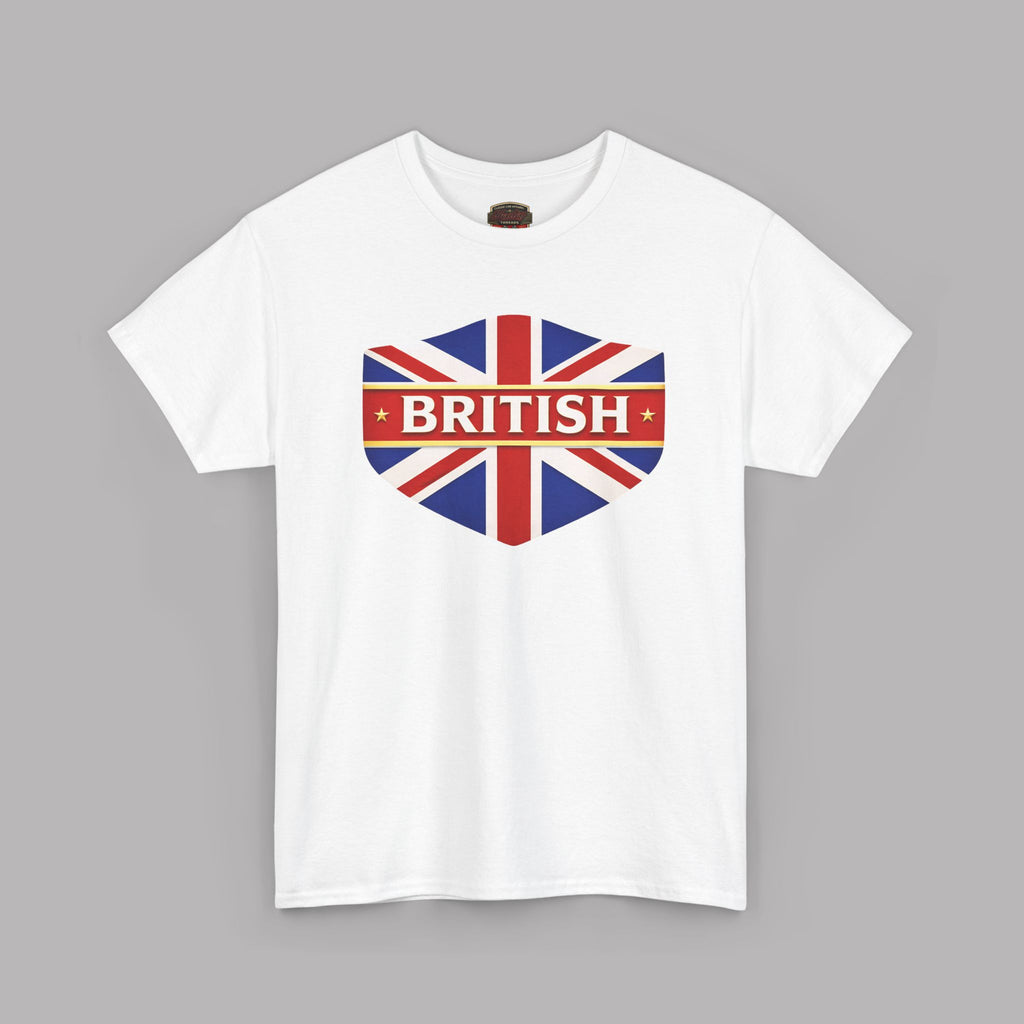 White t-shirt with a heart-shaped British flag design on a gray background