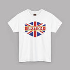 White t-shirt with a heart-shaped British flag design on a gray background