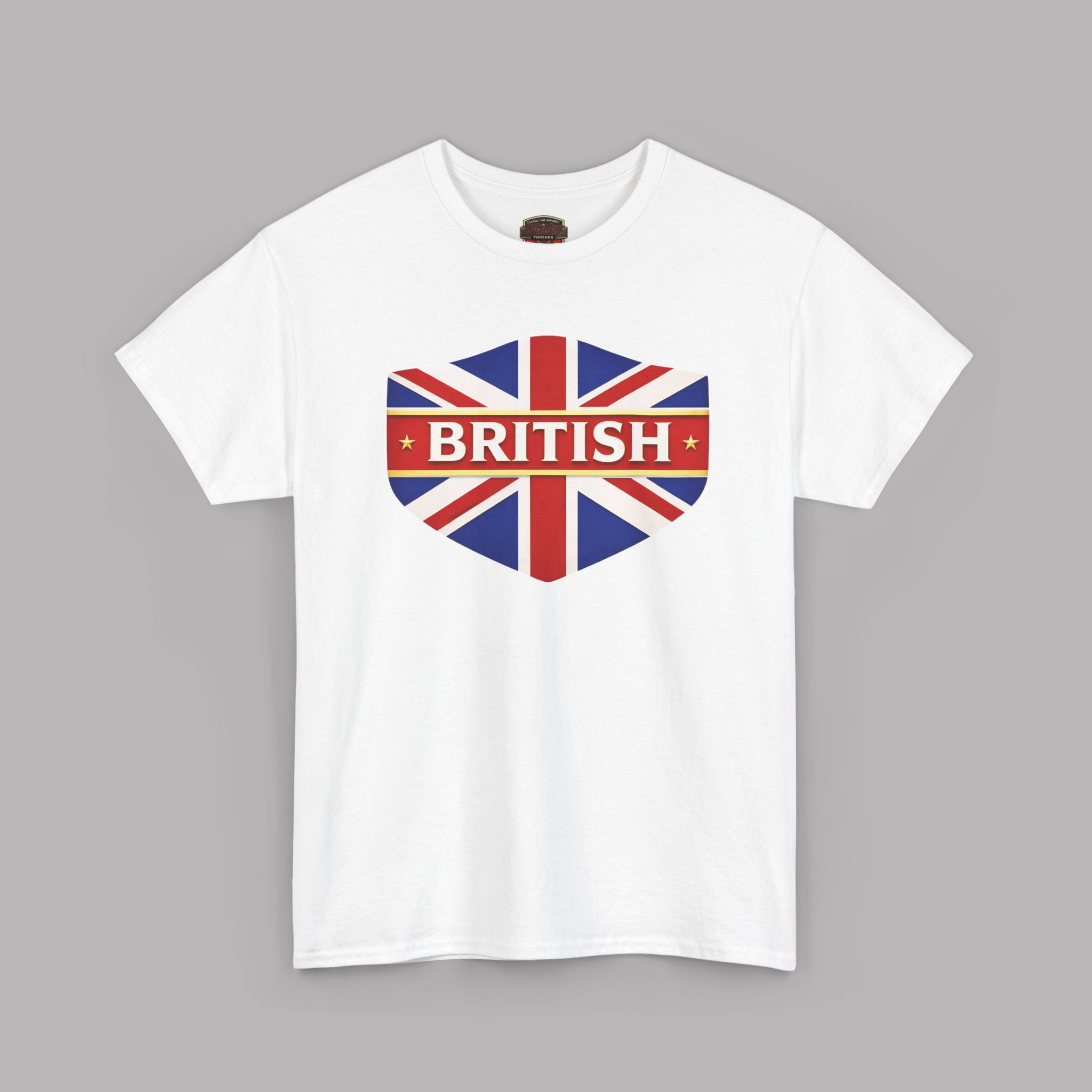 White t-shirt with a heart-shaped British flag design on a gray background