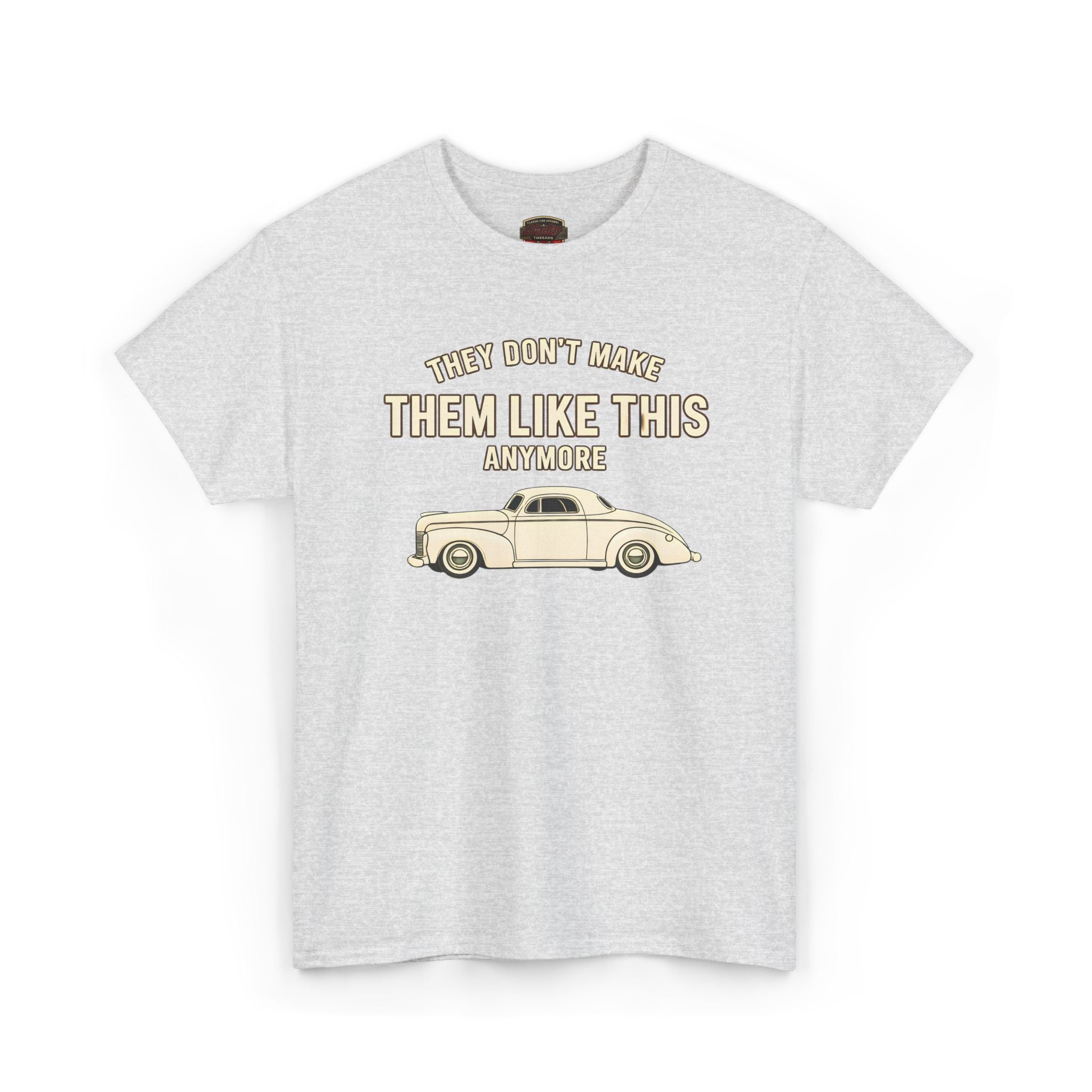 Ash gray t-shirt with vintage car graphic and text on a white background