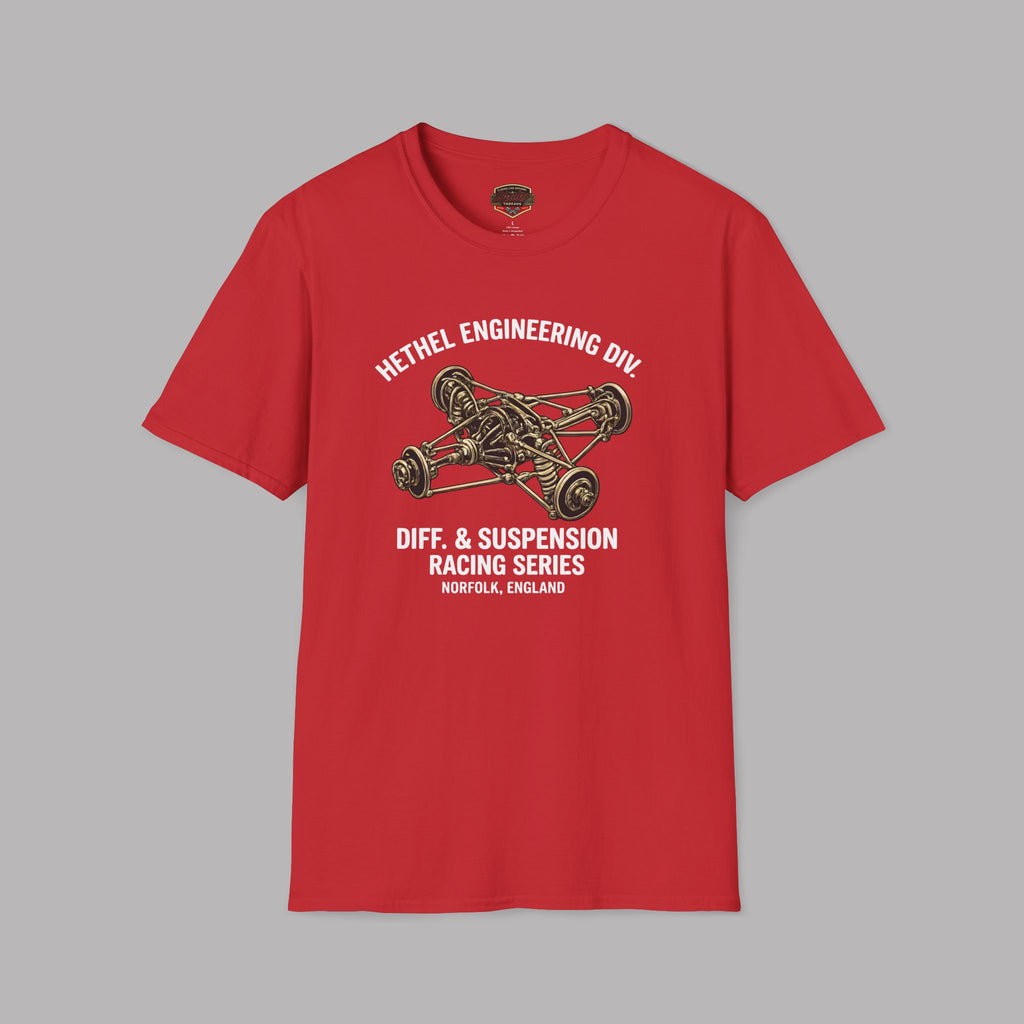 Red t-shirt with automotive graphic and text on a gray background