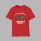 Red t-shirt with automotive graphic and text on a gray background
