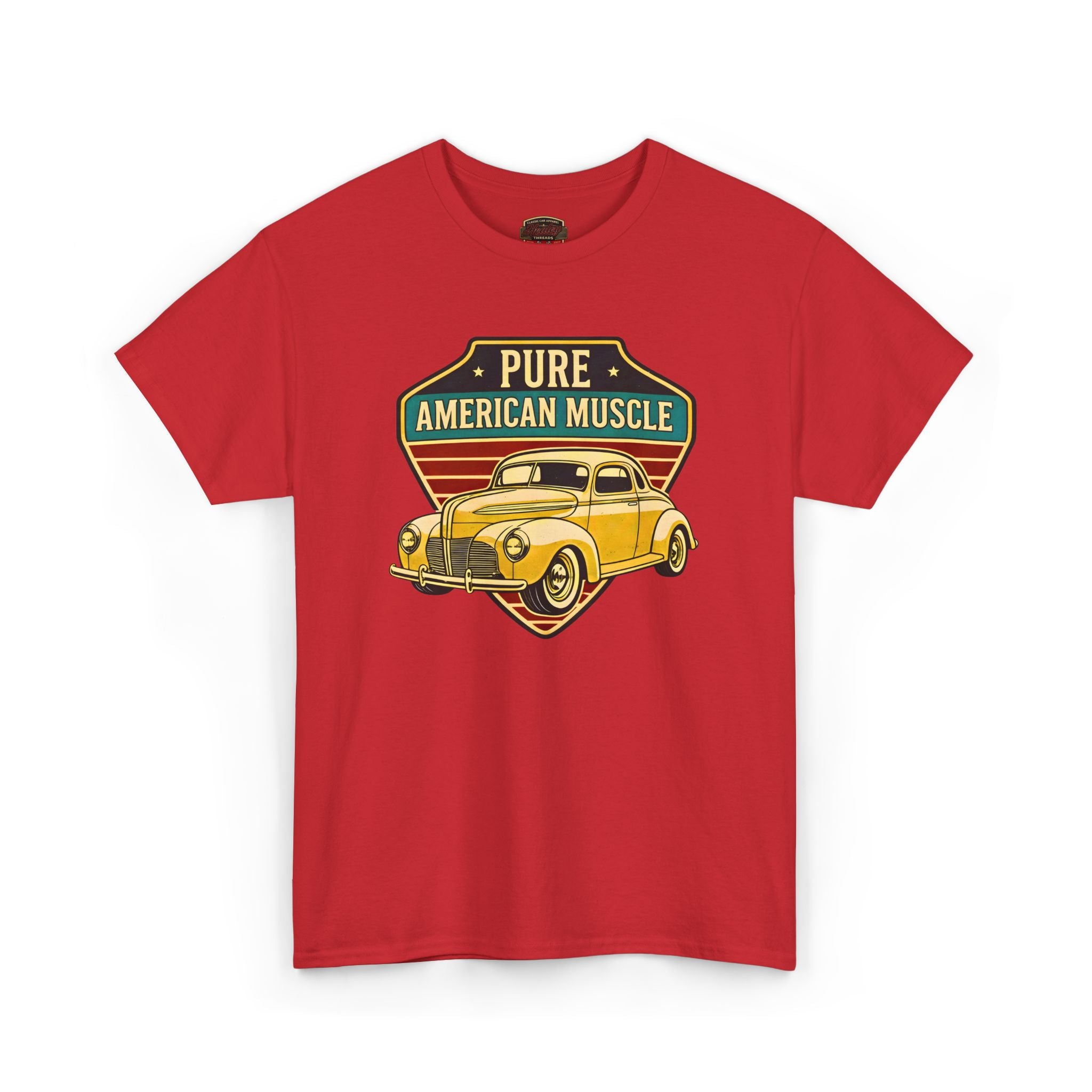 Red t-shirt with a graphic of a yellow car and 'Pure American Muscle' text on a white background