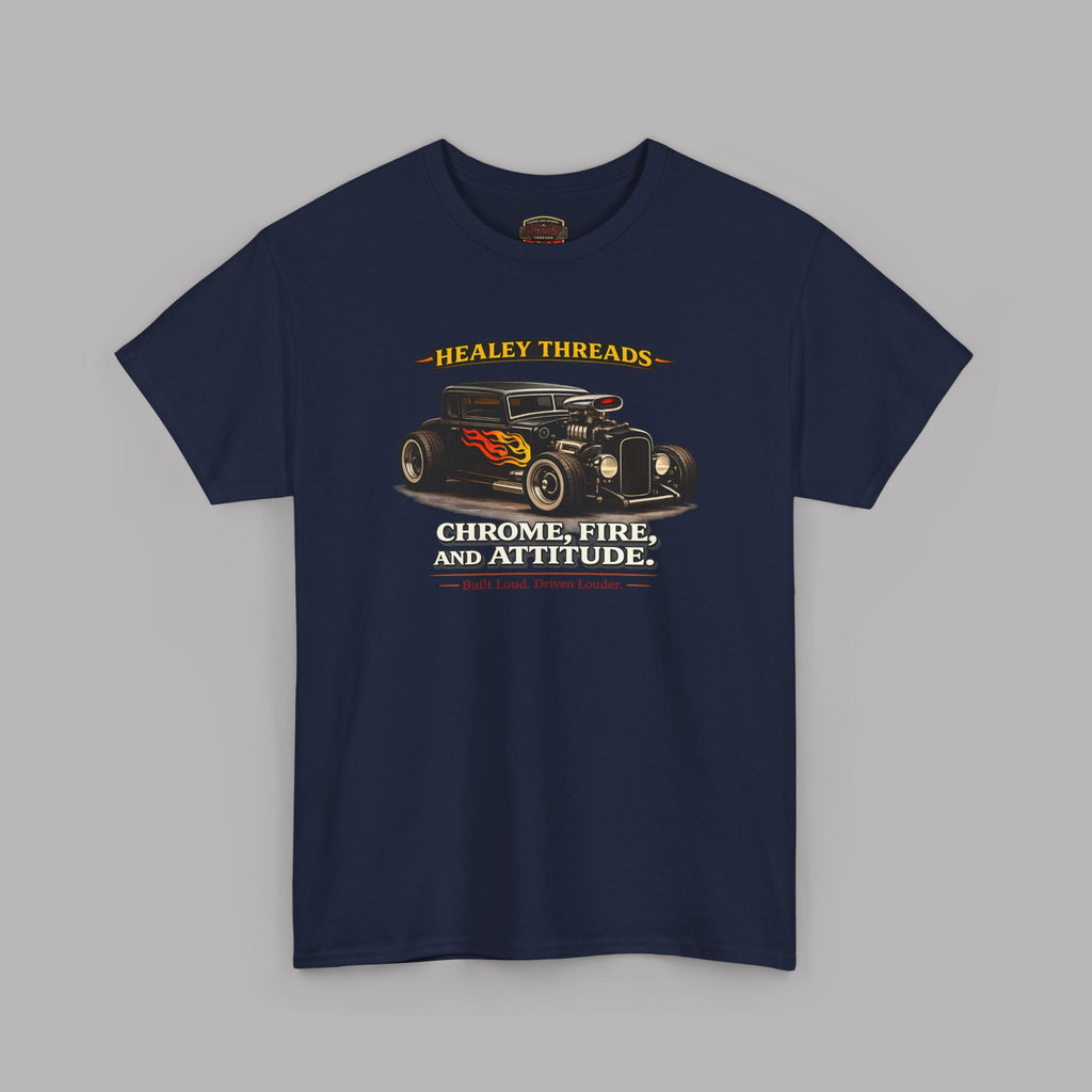 Navy blue t-shirt with hot rod graphic and text on a gray background