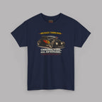 Navy blue t-shirt with hot rod graphic and text on a gray background