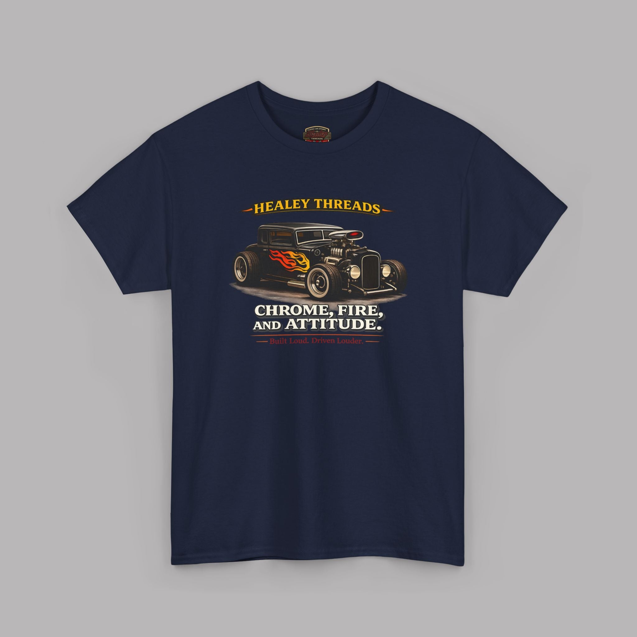 Navy blue t-shirt with hot rod graphic and text on a gray background