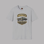 Sport gray t-shirt with 'American Muscle' car graphic design on a gray background 