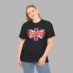 Woman wearing a black t-shirt with a Union Jack design and 'BRITISH' text on a gray background