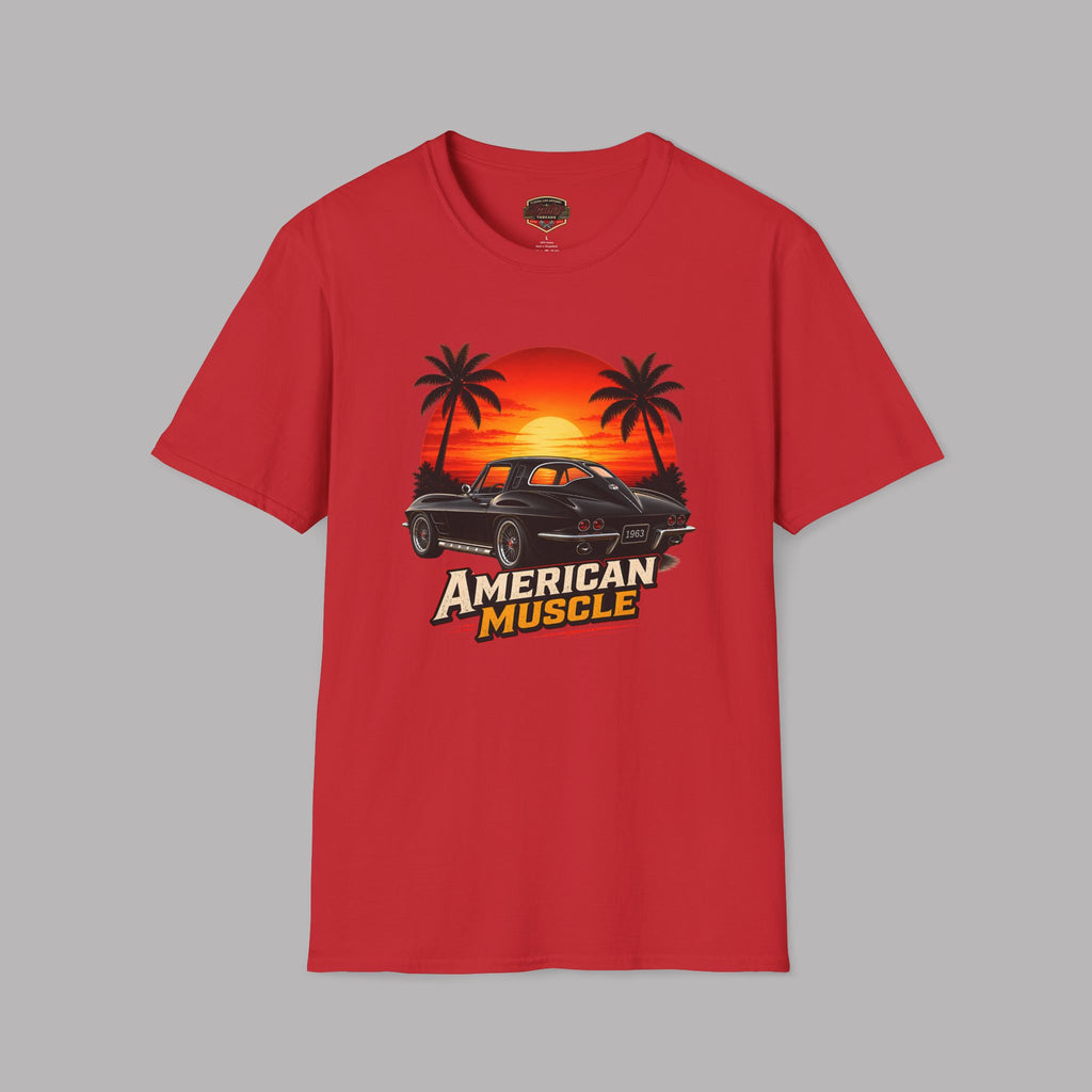 Red t-shirt with 'American Muscle' graphic design on a gray background