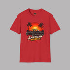 Red t-shirt with 'American Muscle' graphic design on a gray background