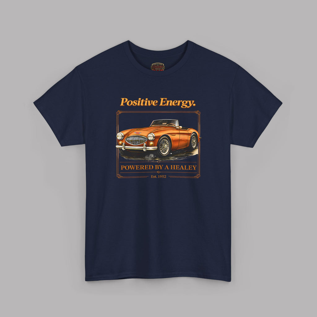 Navy blue t-shirt with a vintage car graphic and text on a gray background