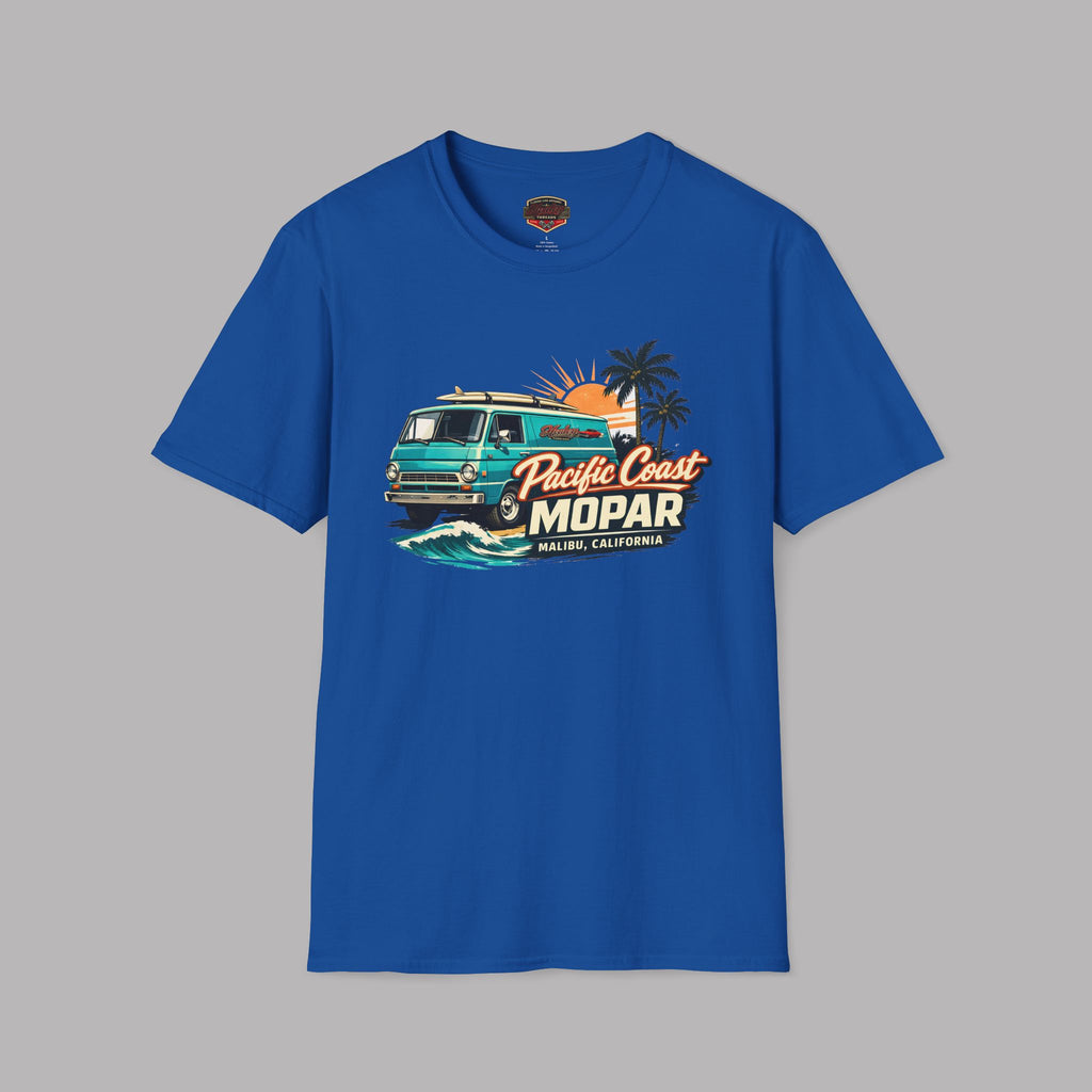 Royal blue t-shirt with a graphic design of a van and text on a gray background