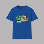 Royal blue t-shirt with a graphic design of a van and text on a gray background