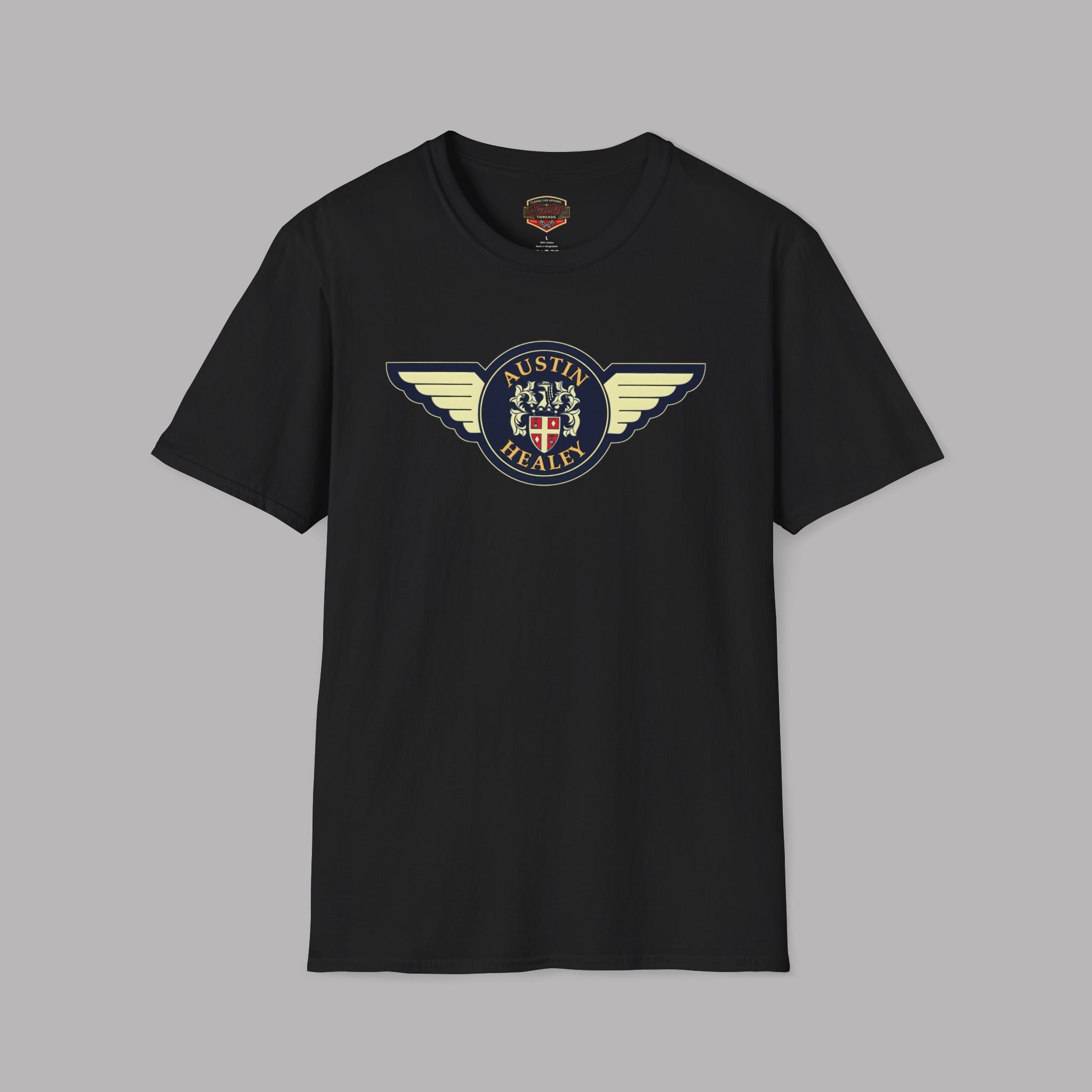 Black t-shirt with a winged Austin Healey logo on a gray background.