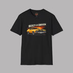 Black t-shirt with a graphic of a car and 'Built to be Driven' text on a gray background