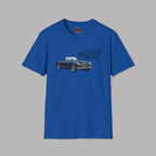 Royal blue t-shirt with a Healey car graphic and text on a gray background
