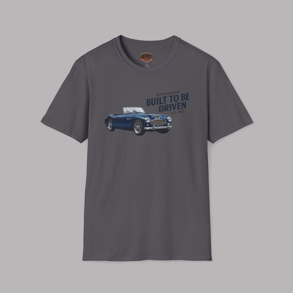 Gray t-shirt with a Healey car graphic and text on a gray background