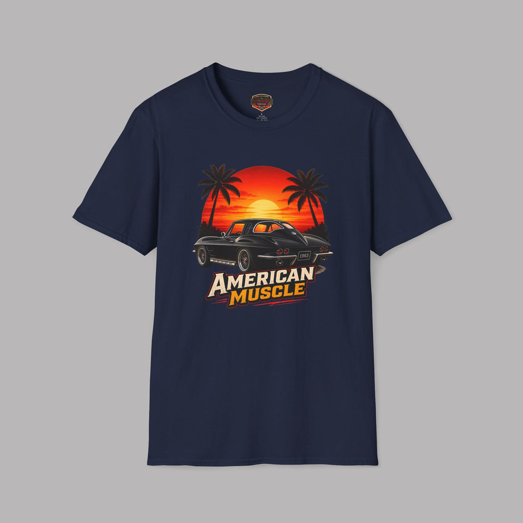 Navy blue t-shirt with 'American Muscle' graphic design on a gray background